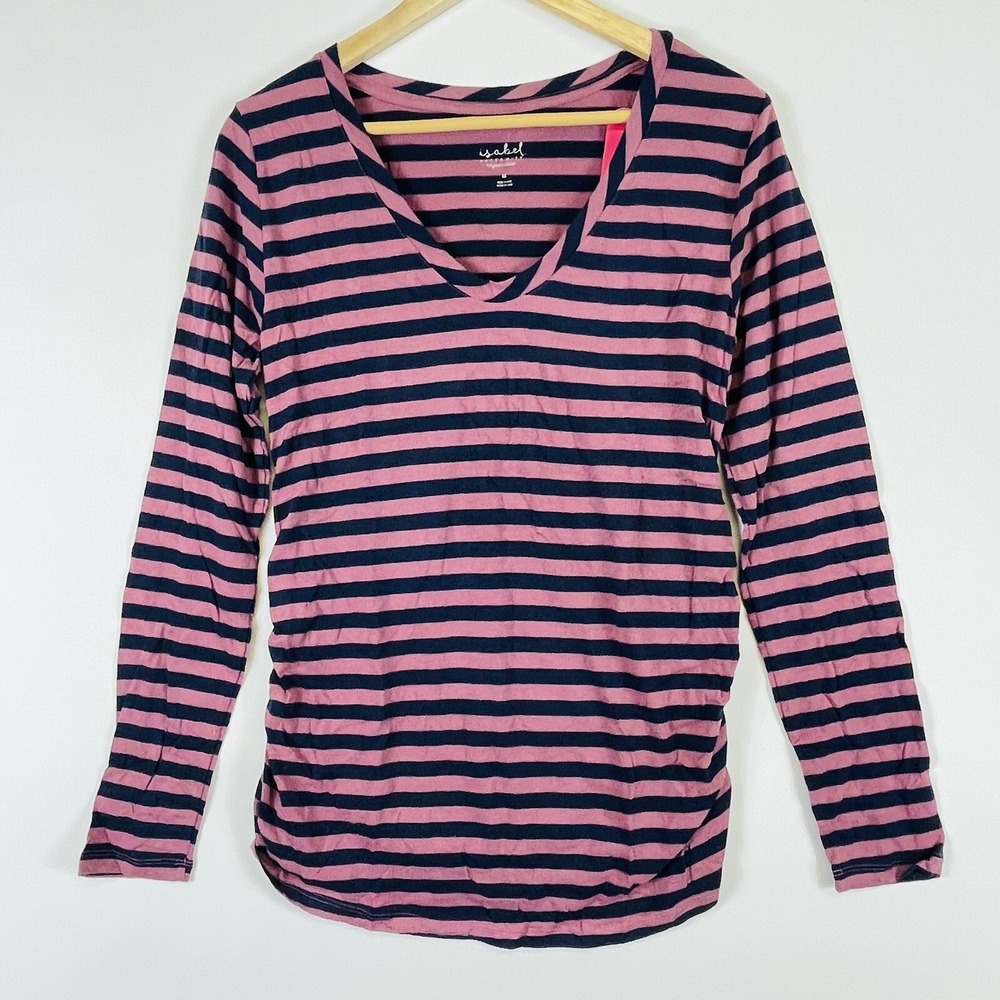 NEW Isabel Maternity Long Sleeve Top Women XS Blue Pink Stripe Ruched Shirt